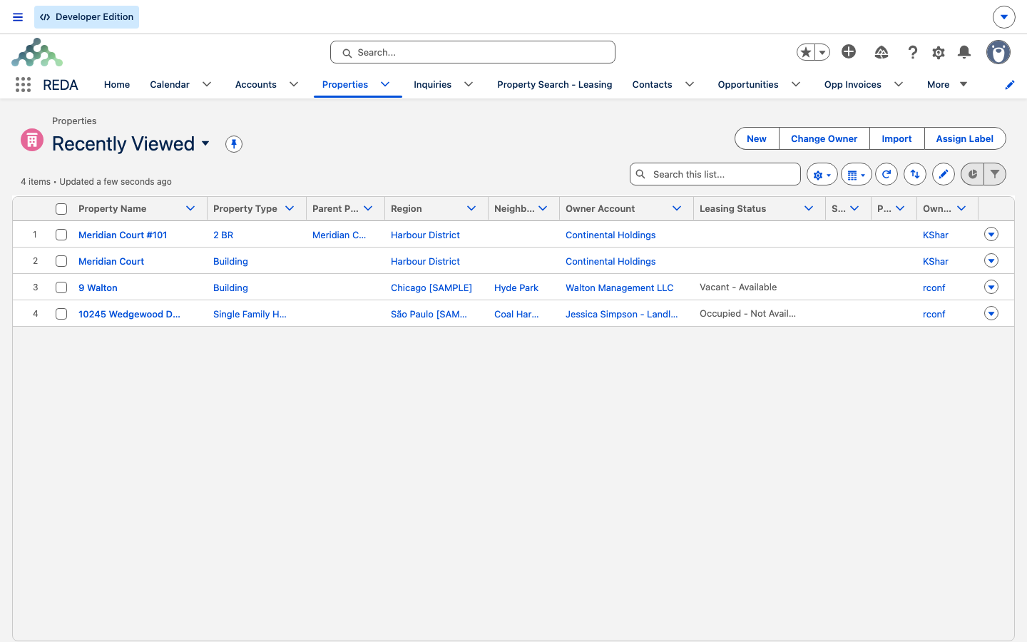 The Properties tab list view with region and leasing-status columns