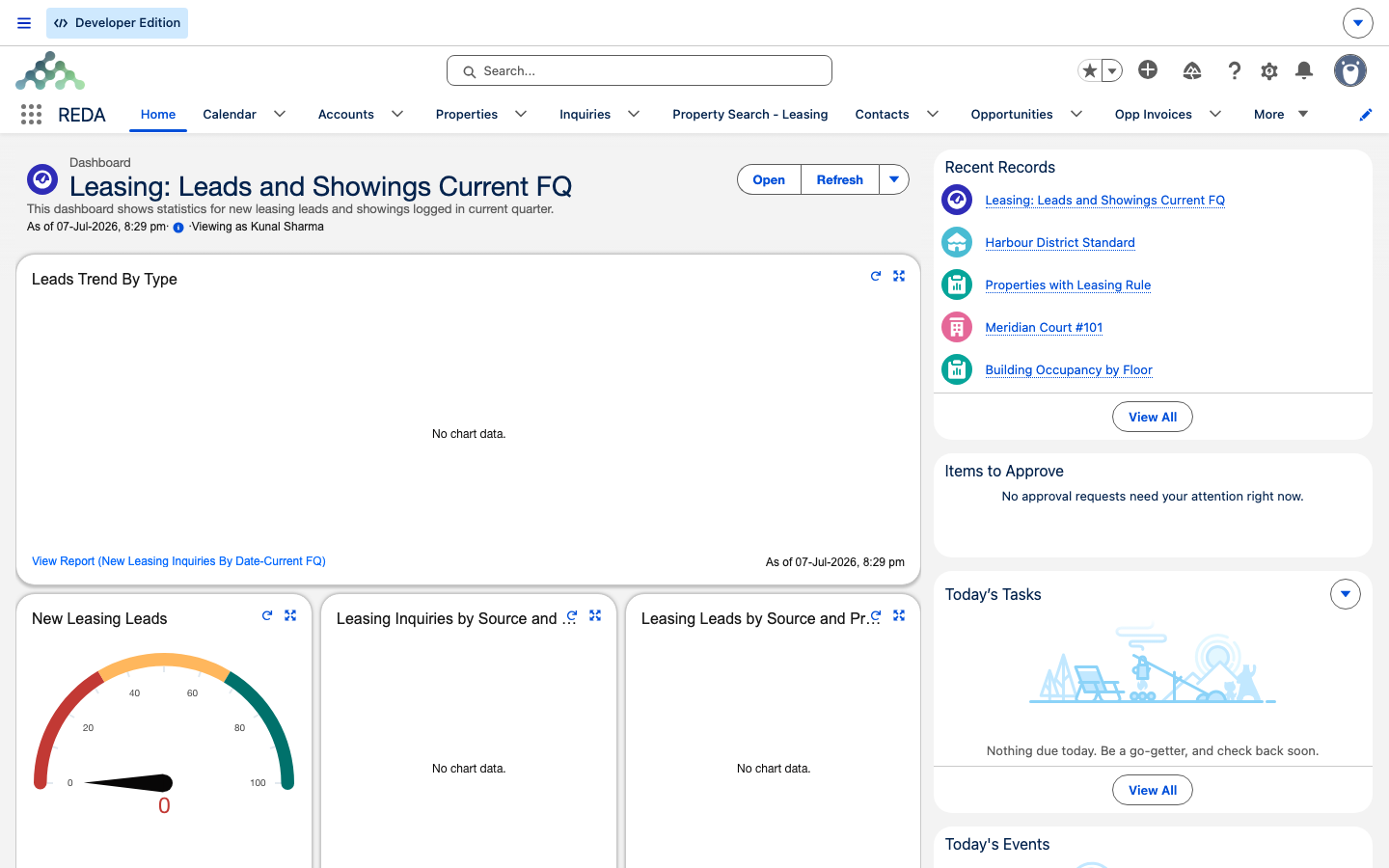 The REDA Home page with its dashboard region, Today's Tasks, and Today's Events