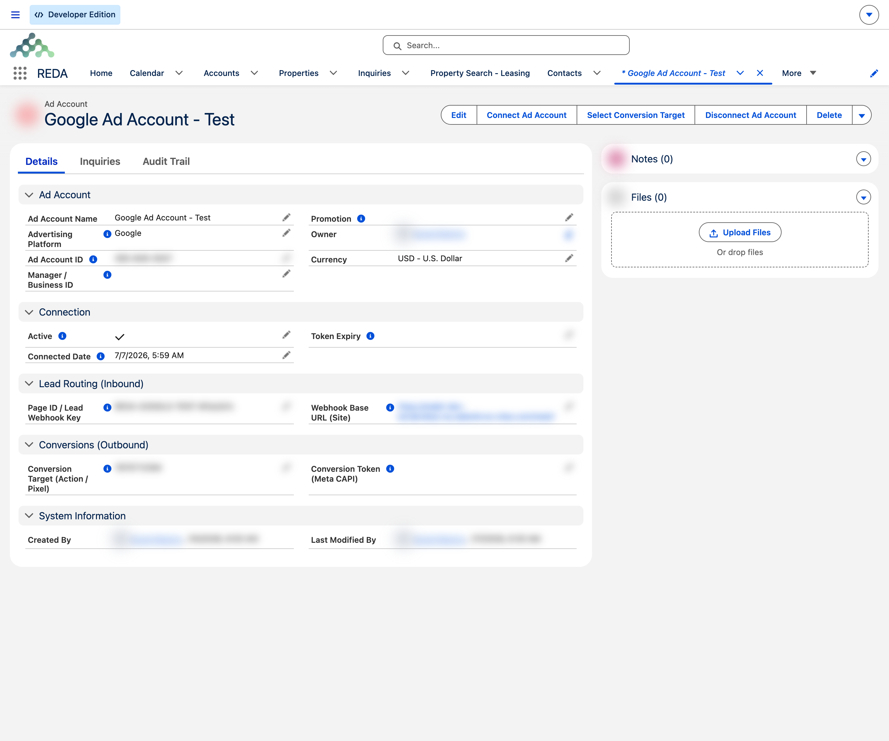 An Ad Account record in Salesforce showing the Connect Ad Account, Select Conversion Target and Disconnect Ad Account buttons across the top, with the Connection section below confirming Active is ticked and showing the Connected Date, and the credential fields blurred for publication.