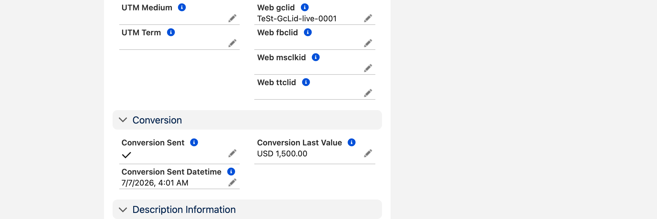 The Conversion section of a captured lead in Salesforce showing Conversion Sent ticked, Conversion Sent Datetime stamped with the date and time the conversion was reported, and Conversion Last Value of USD 1,500.00, with the Web gclid that identified the original ad click visible above.