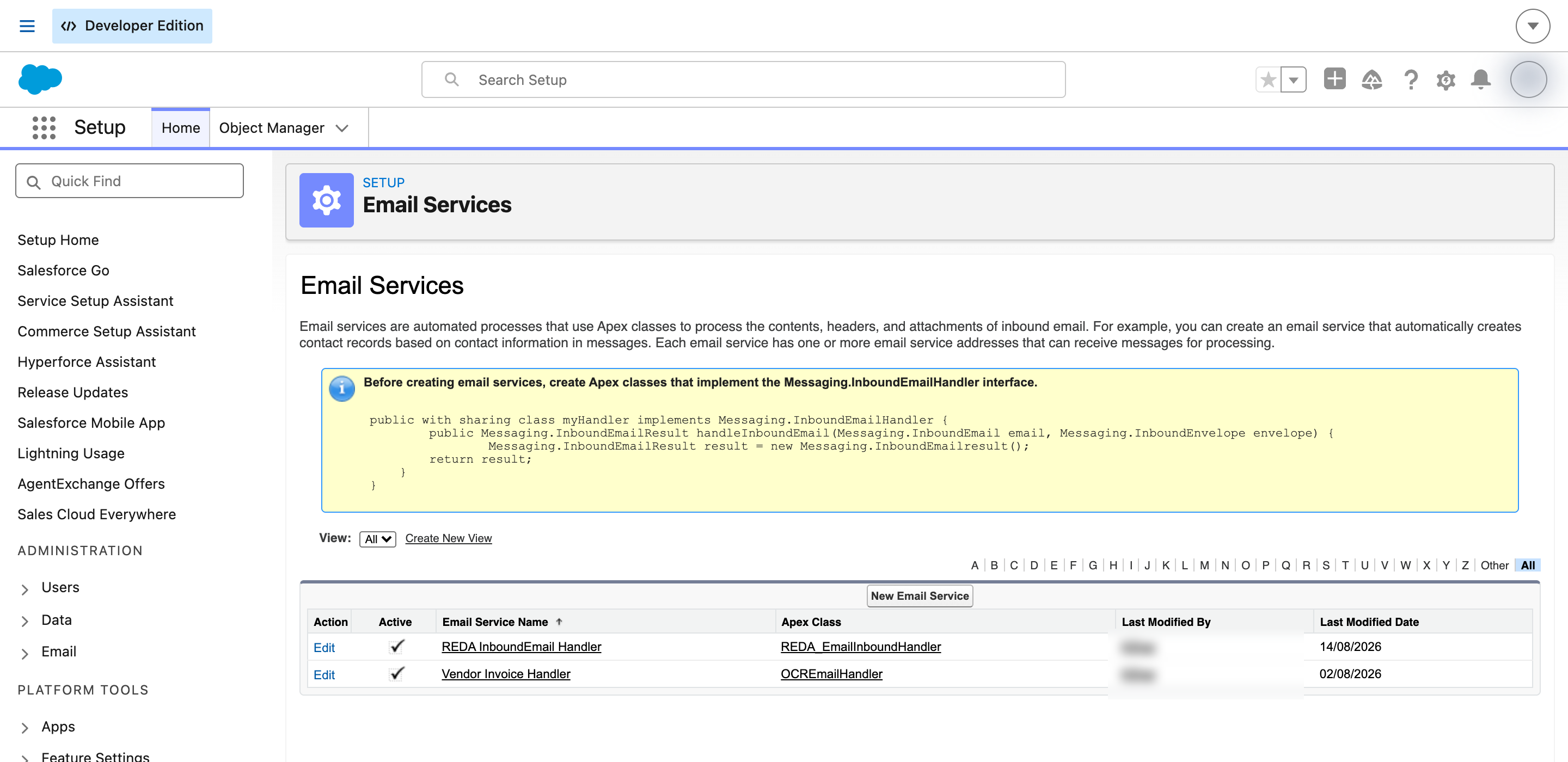 Setup, Email Services, listing the REDA InboundEmail Handler with its Active checkbox ticked and its Apex class REDA_EmailInboundHandler, alongside a second Vendor Invoice Handler service, with the Last Modified By column blurred for publication.