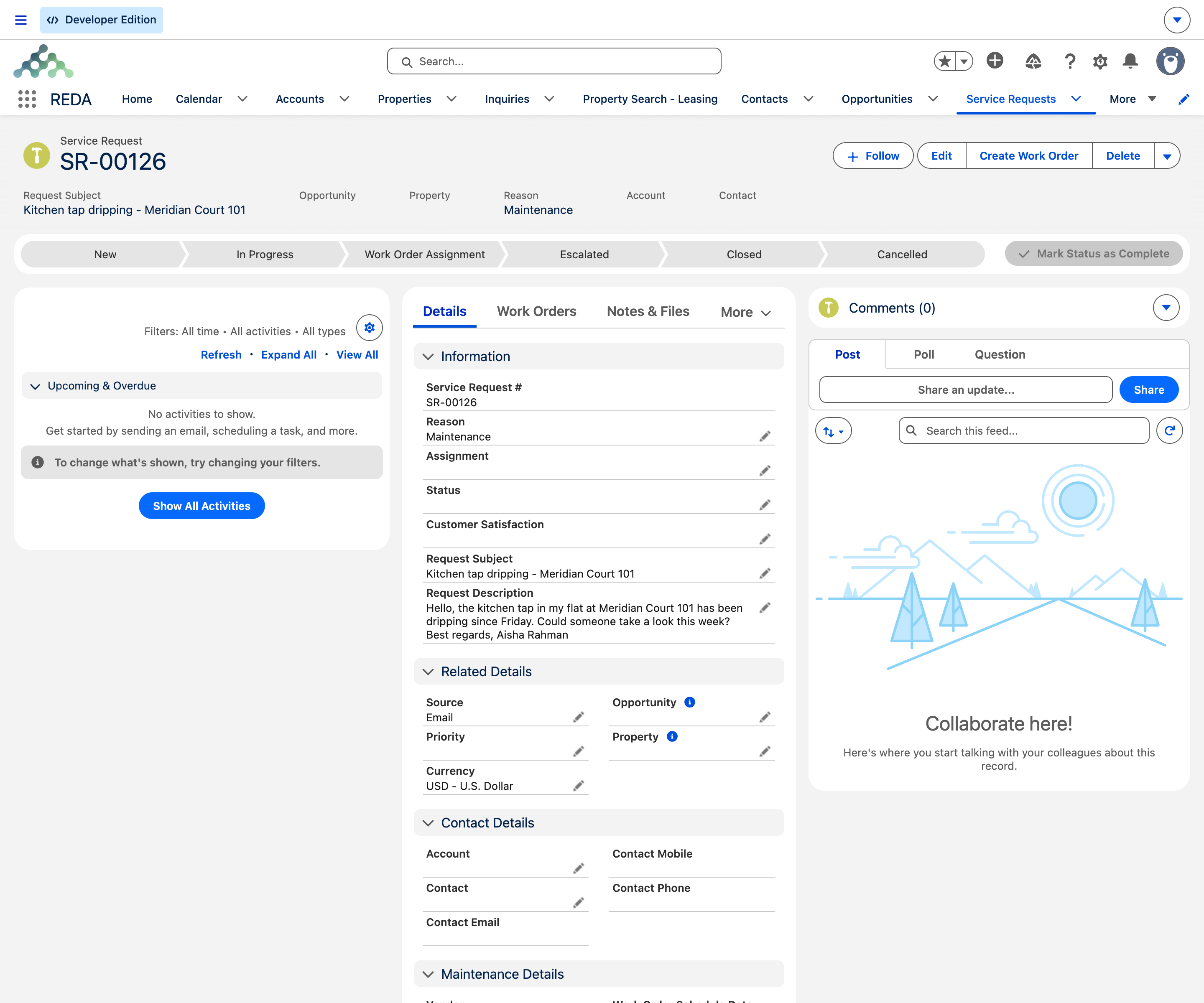 A Service Request record SR-00126 with Source set to Email, showing the inbound email's subject carried into Request Subject as Kitchen tap dripping - Meridian Court 101 and the full email body carried into Request Description, with Reason set to Maintenance.