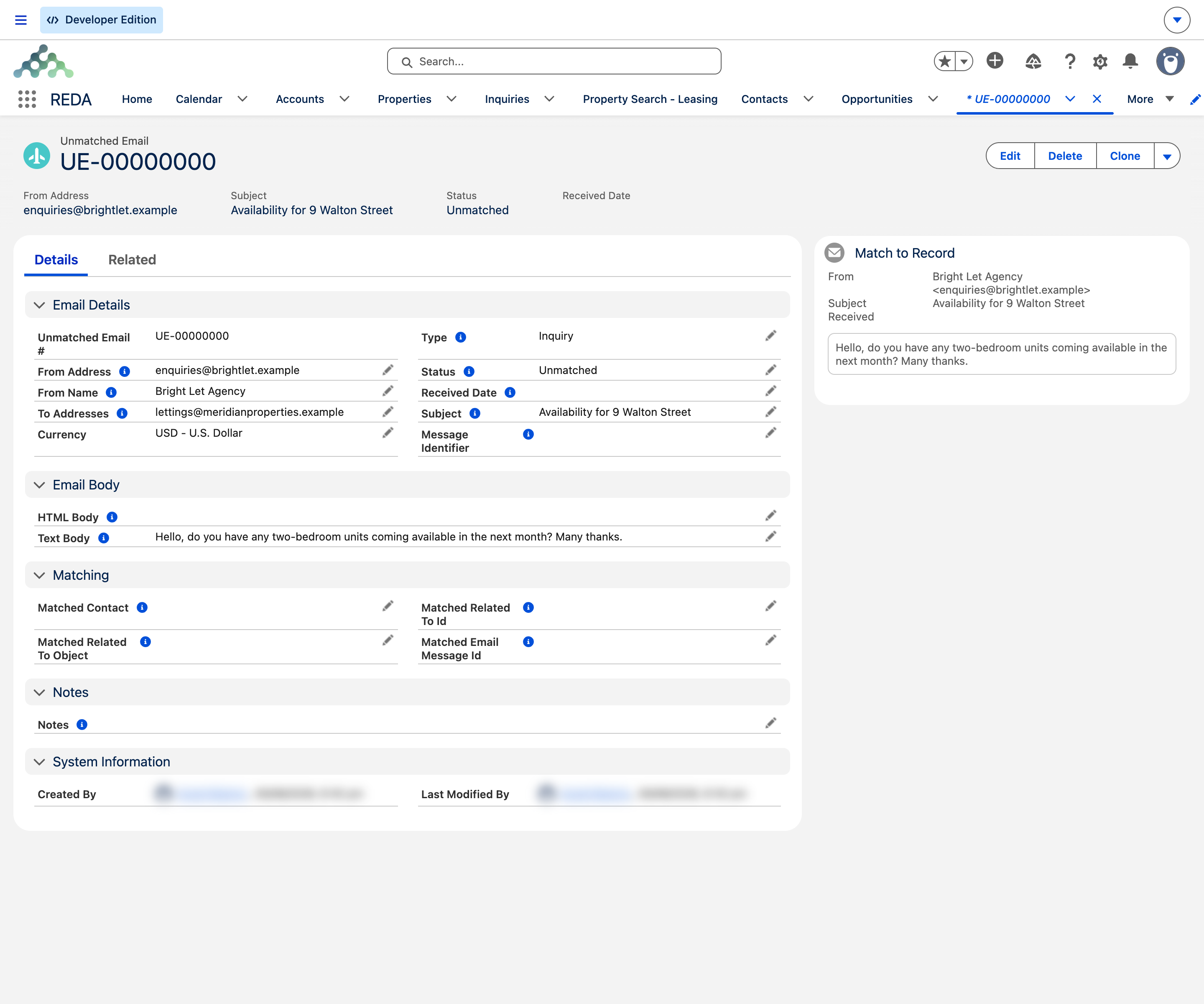 An Unmatched Email record UE-00000000 with Status Unmatched and Type Inquiry, showing the From Address enquiries@brightlet.example, the From Name Bright Let Agency, the subject and full text body, the empty Matching section, and the Match to Record panel open alongside it ready to attach the email to a contact or record.