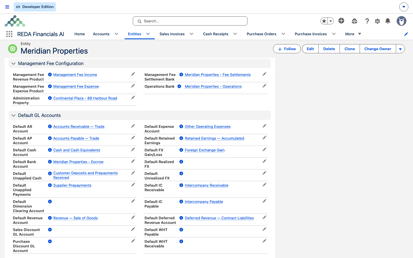 An activated PM-company Entity showing its Management Fee Configuration fields filled in