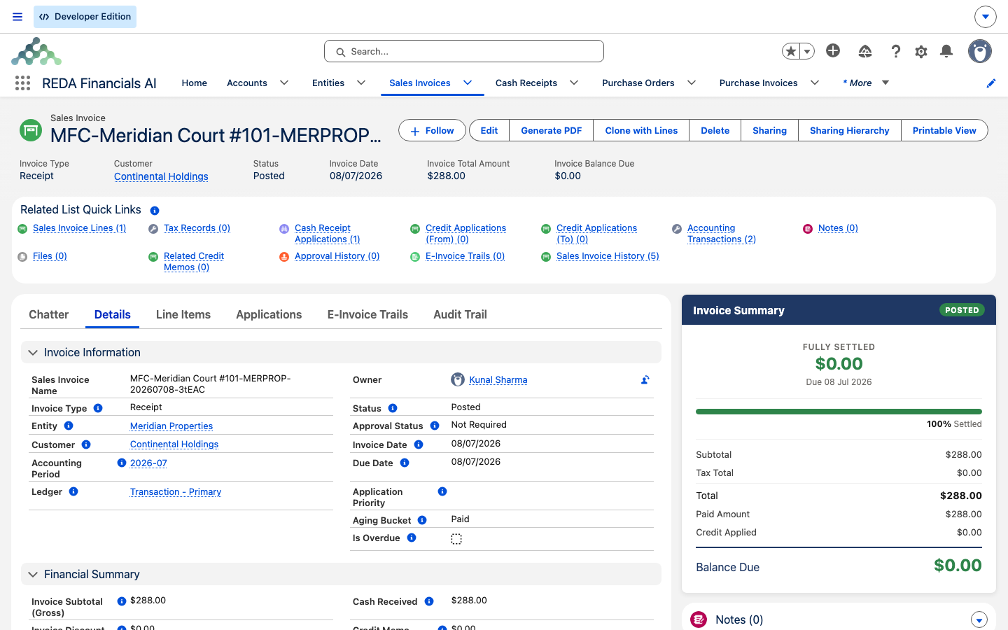 The fee Sales Invoice raised by the run, status Posted, total 288.00, on the PM company's books