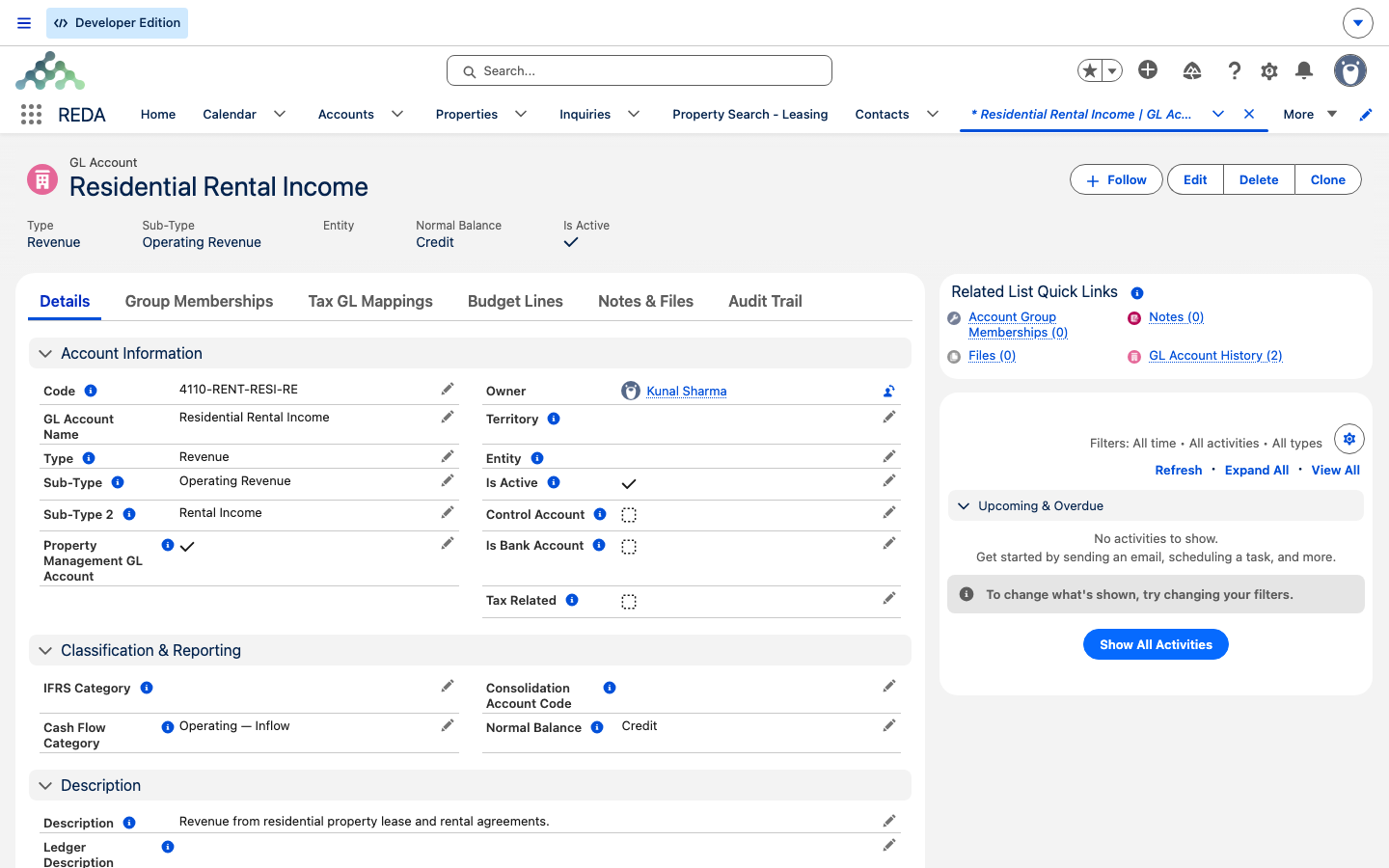 A GL Account record, Residential Rental Income, with Type Revenue and the Property Management GL Account box ticked
