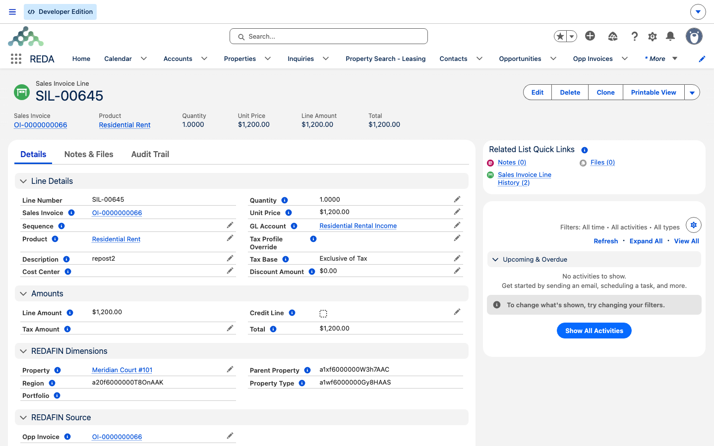A Sales Invoice Line record with the GL Account, Product and tax fields resolved from the charge code