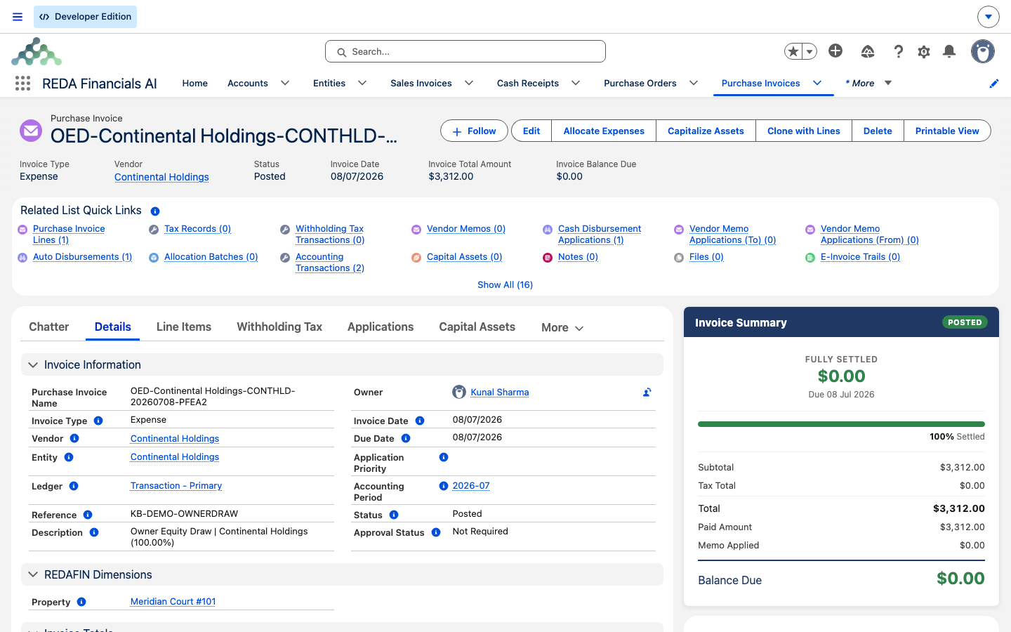 La Posted Expense Purchase Invoice generada por el retiro, proveedor Continental Holdings, total 3,312.00
