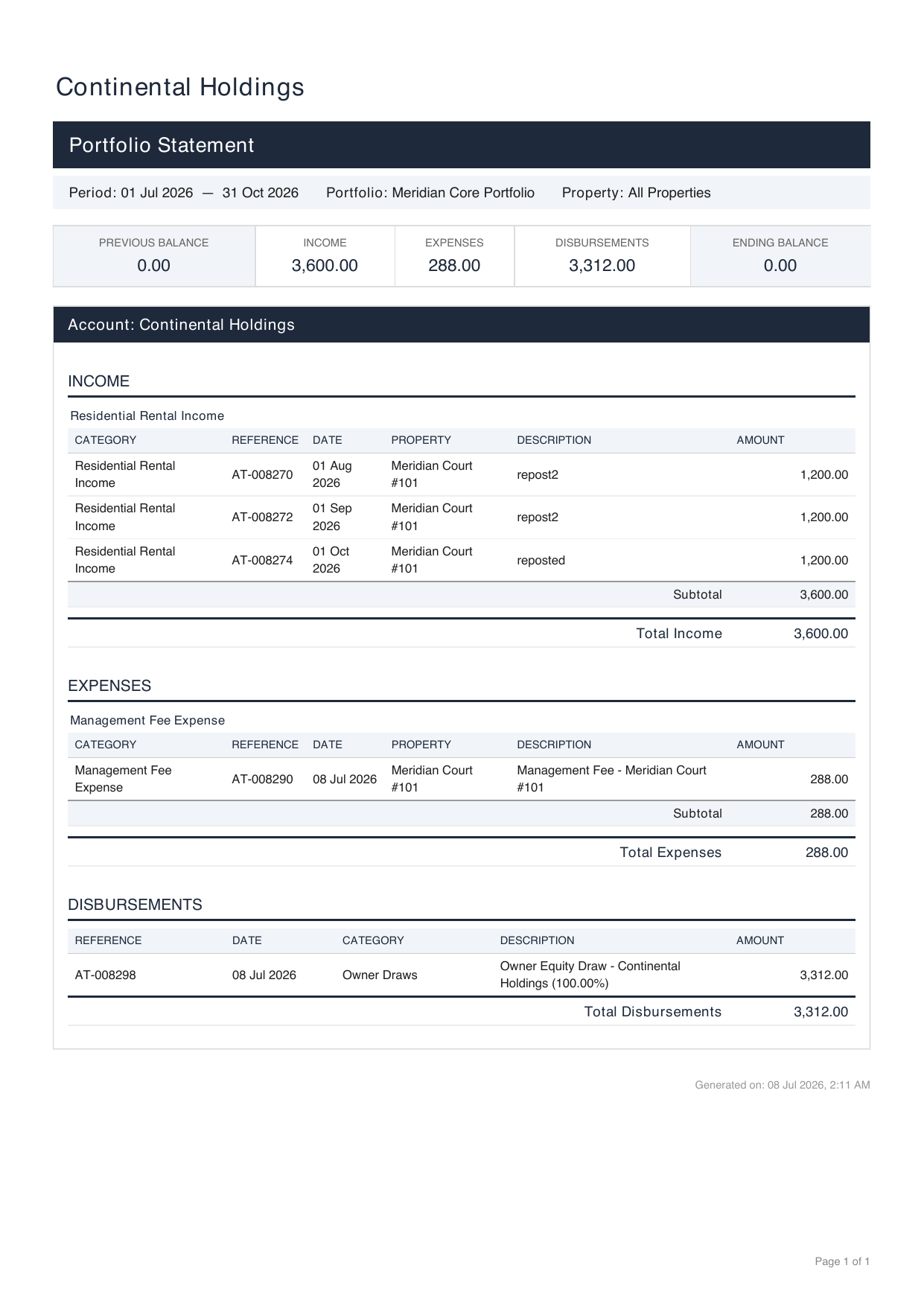 Primera página del PDF del estado de cuenta del portafolio para Continental Holdings, income 3,600 expenses 288 disbursements 3,312 ending 0.00