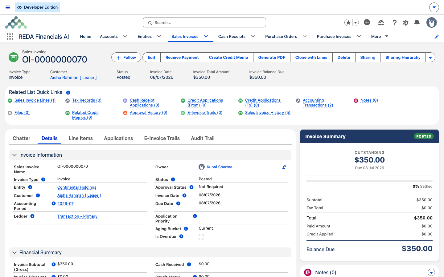 The matching Posted Sales Invoice OI-0000000070 in REDA Financials, status Posted