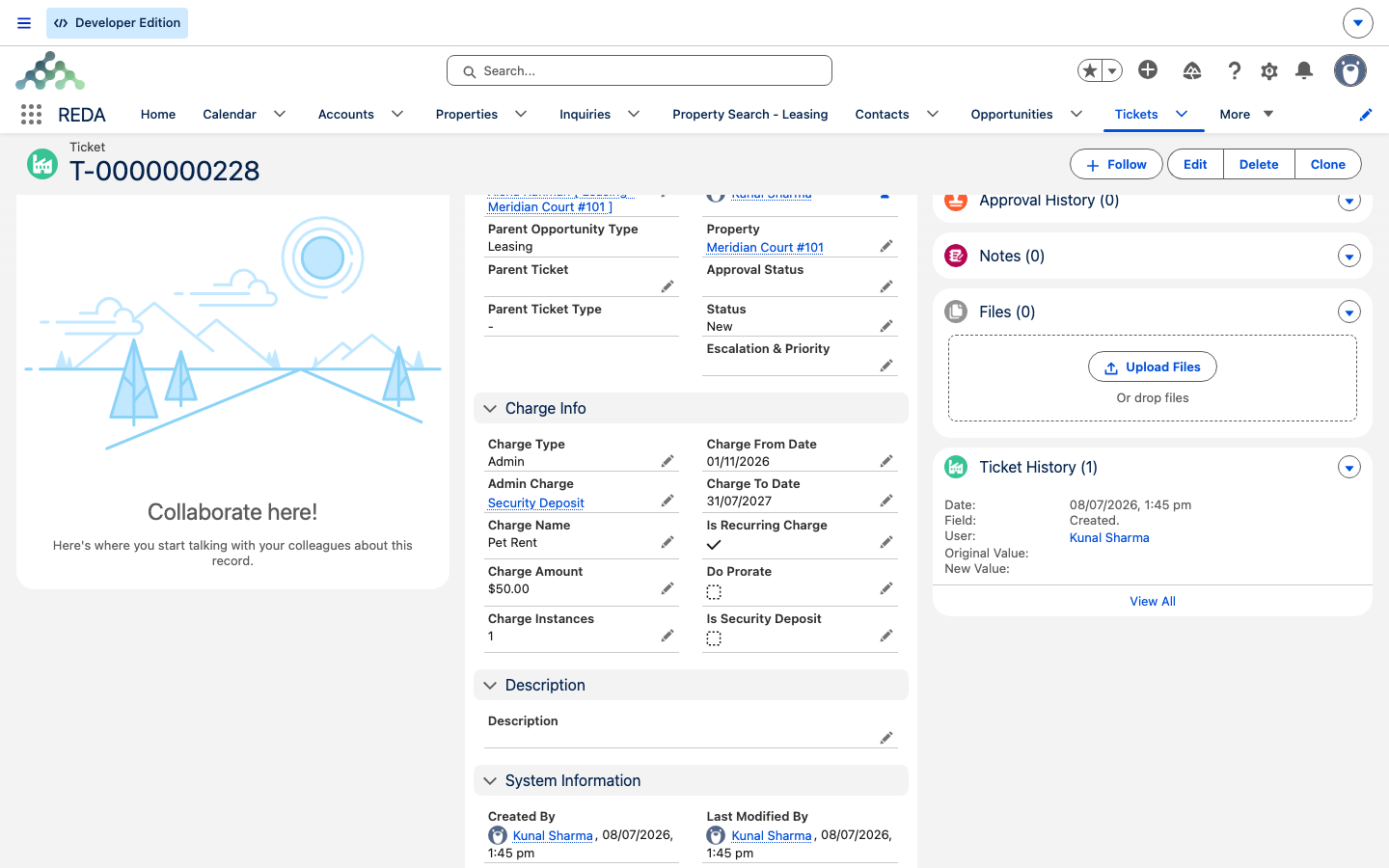 Add Lease Charge ticket Charge Info: Admin type, pet-rent setup, recurring window