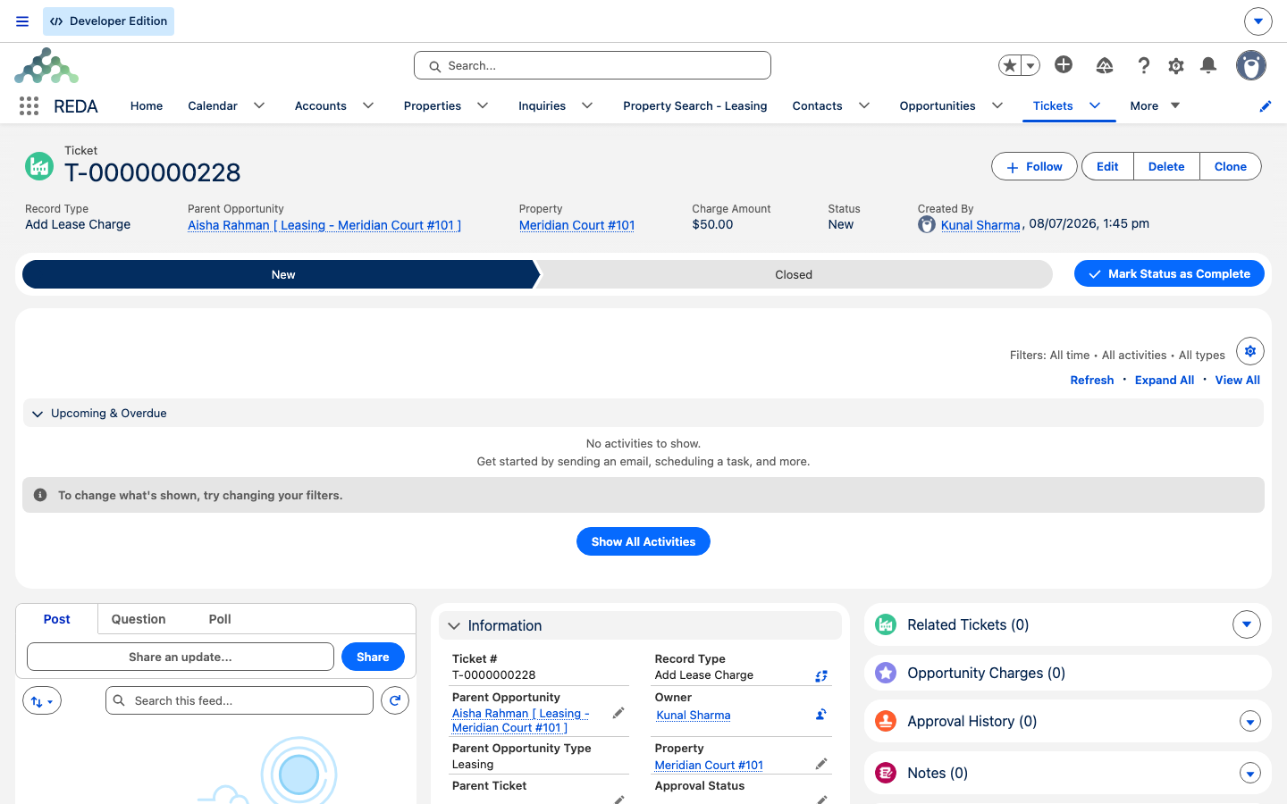 Add Lease Charge ticket on the lease, shown as provenance for the charge