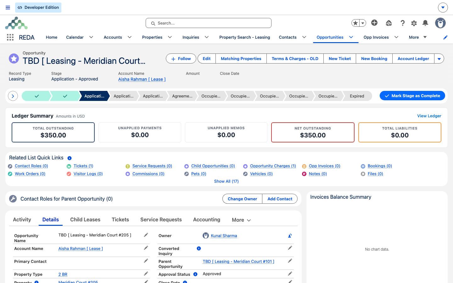 Child lease showing synced Stage and Approval Status with Parent Oportunidad set