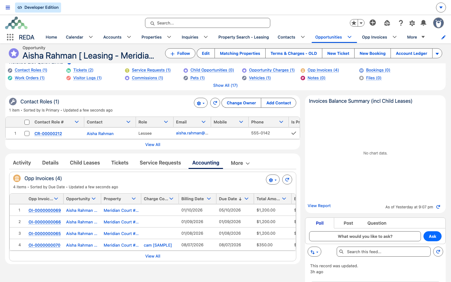 The lease Accounting tab listing the Opp Invoices, one fully paid