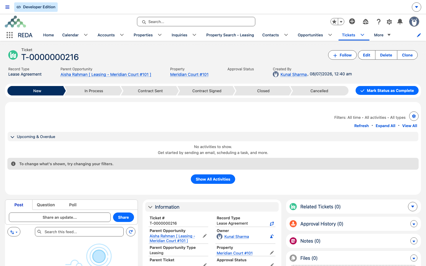 Um chamado Lease Agreement com status New, com seu Path de status, vinculado à locação