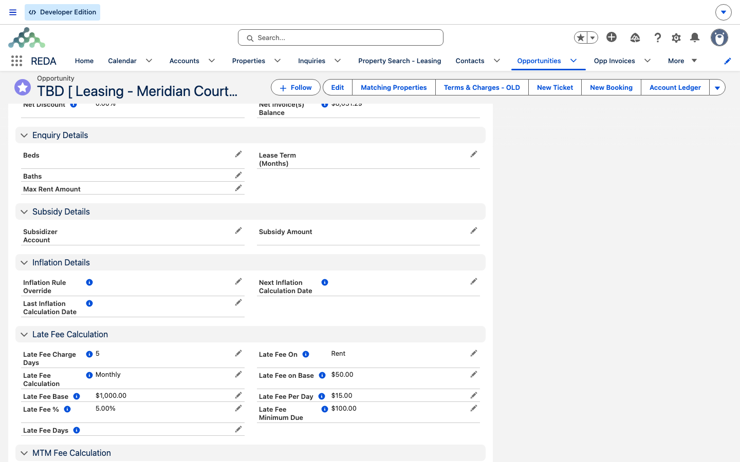 A lease's Details tab with the late-fee and MTM fields copied from its leasing rule.