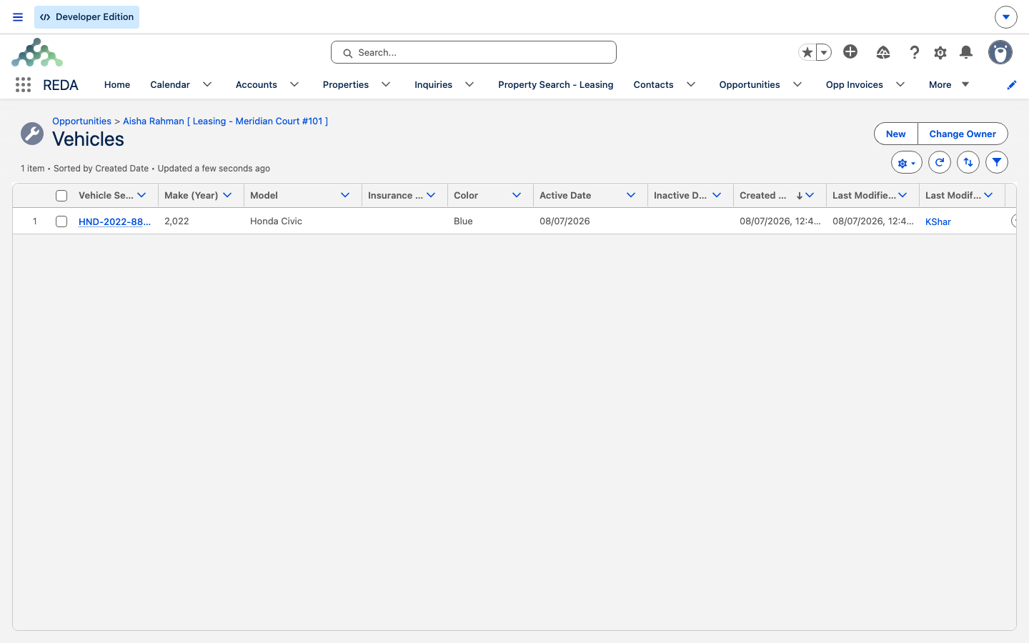 The Vehicles related list showing Make (Year) 2022 and Model Honda Civic