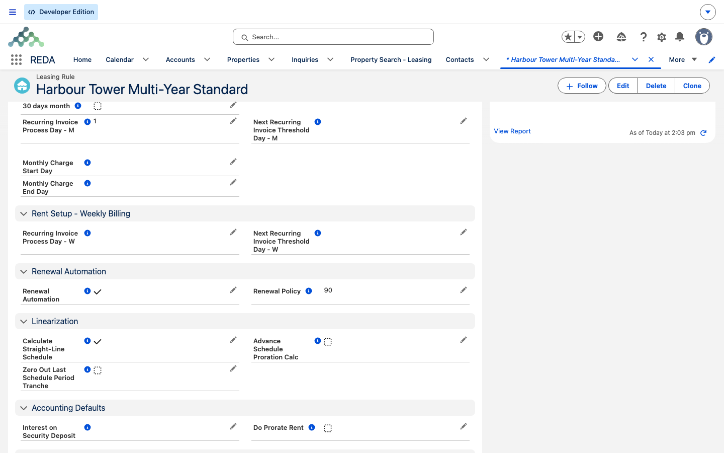 Leasing Rule showing Renewal Automation on and Straight-Line Schedule enabled