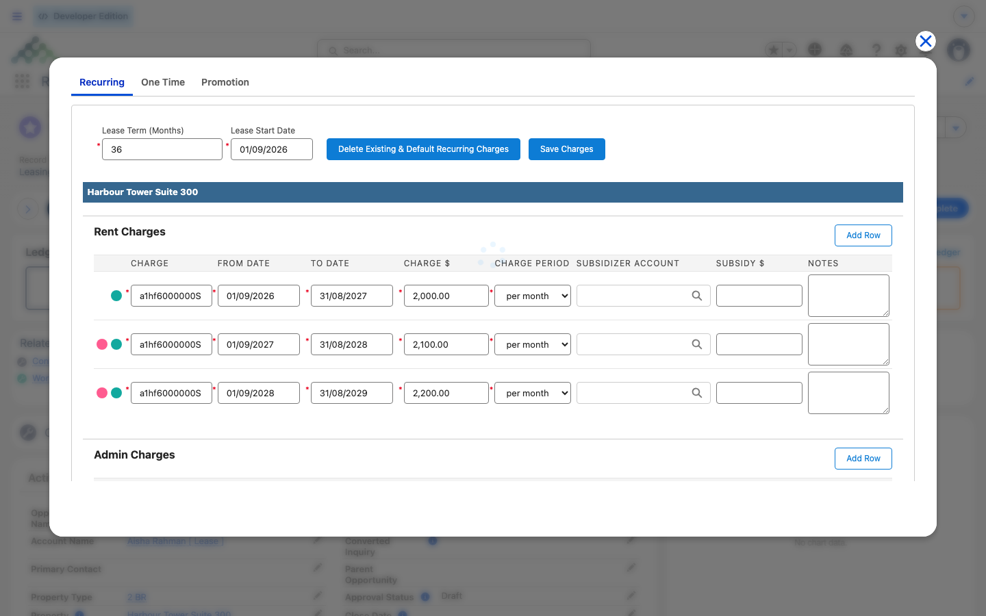 Terms and Charges editor showing dated rent rows