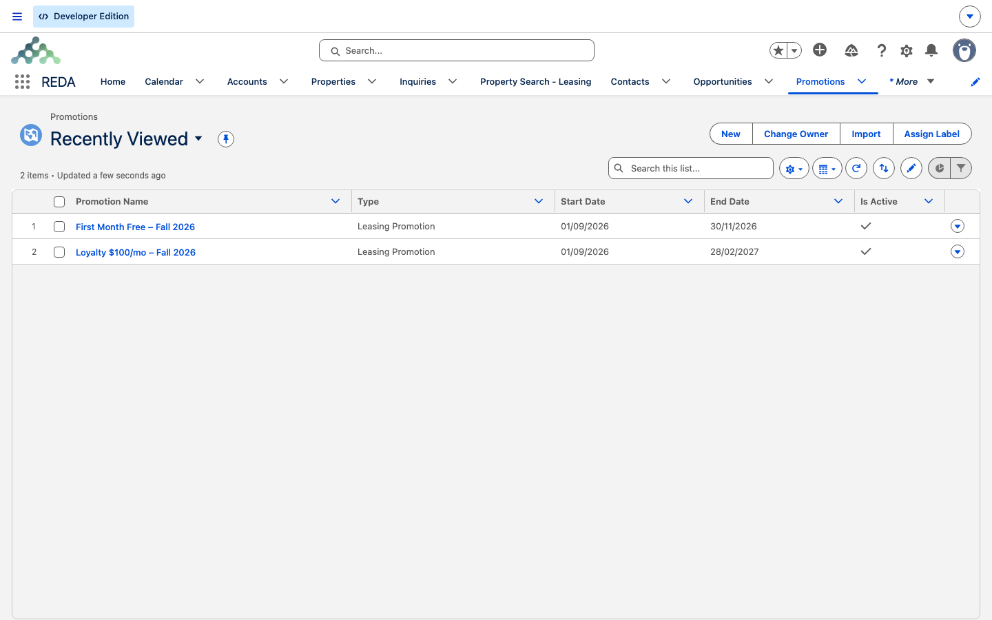 Promotions list view with a one-time and a recurring active Leasing Promotion