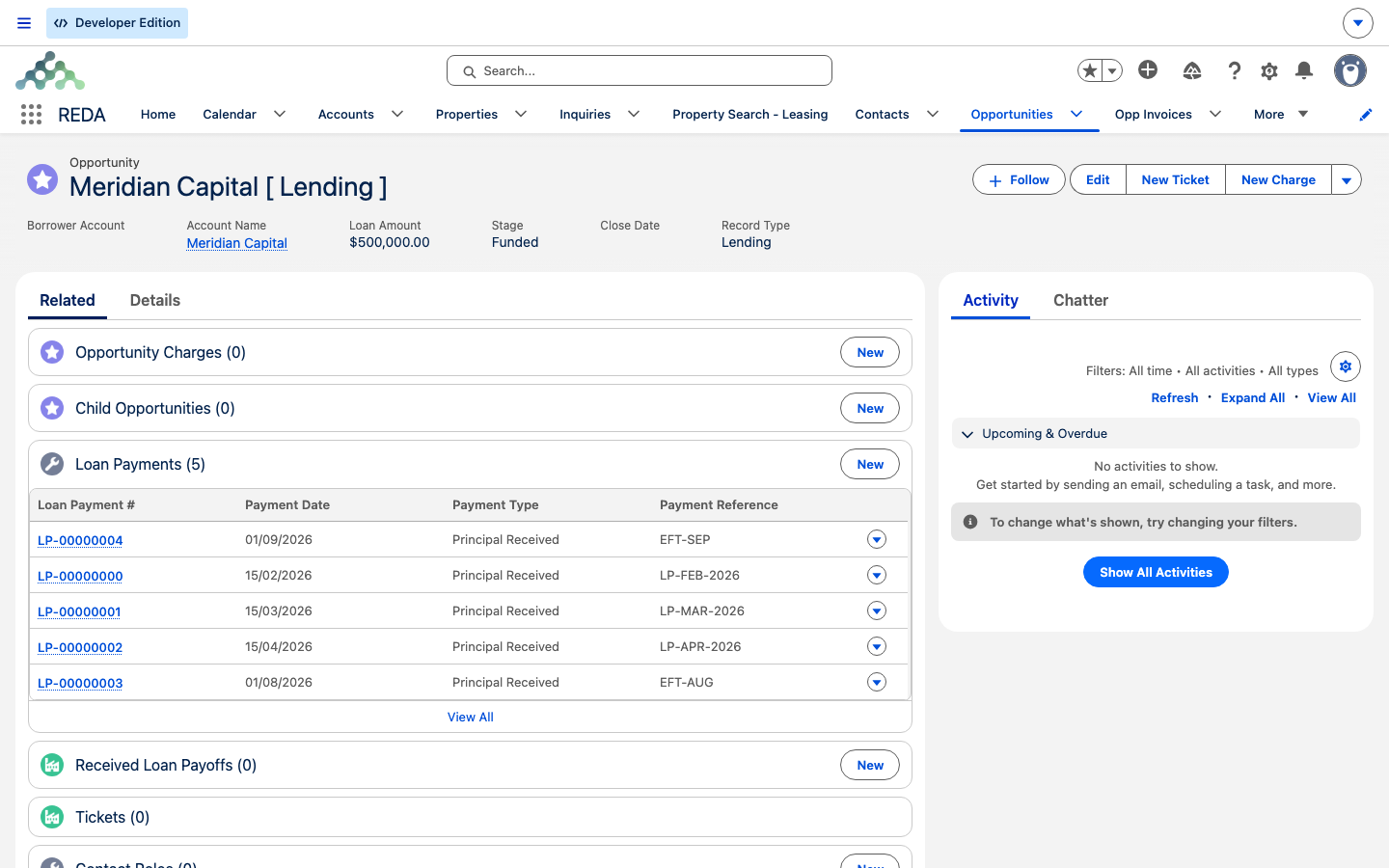 The Loan Payments related list on the loan, listing each payment row