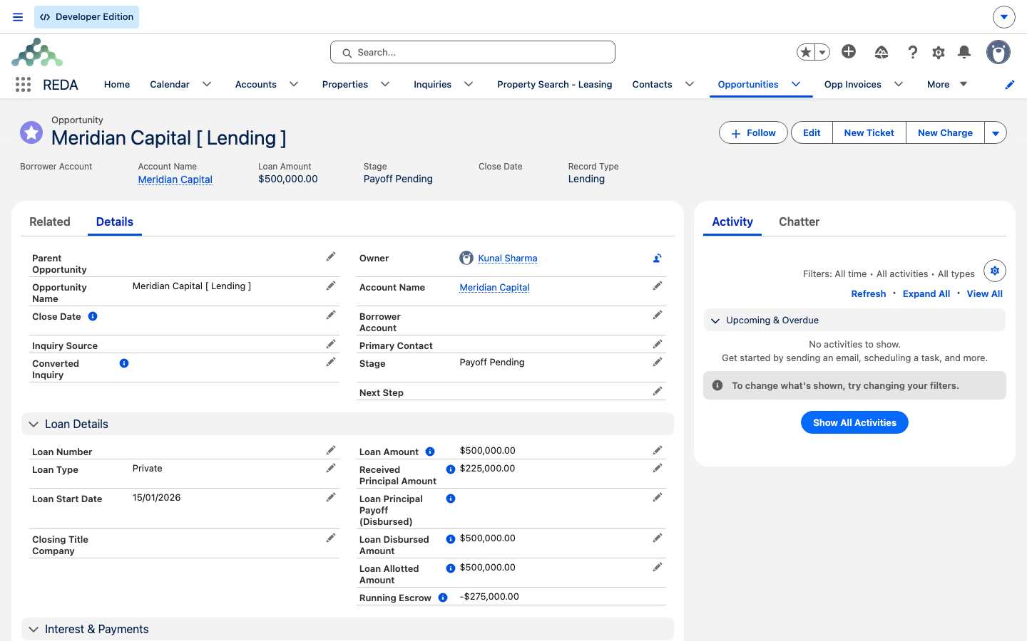 The loan at Payoff Pending with its escrow and disbursed figures