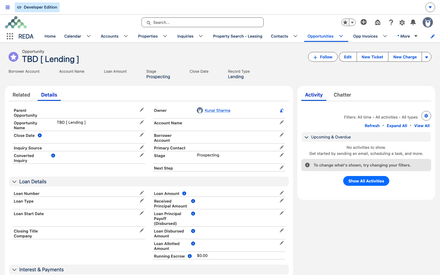 El préstamo marcador de posición TBD [ Lending ] creado automáticamente, abierto en Stage Prospecting con un bloque Loan Details vacío