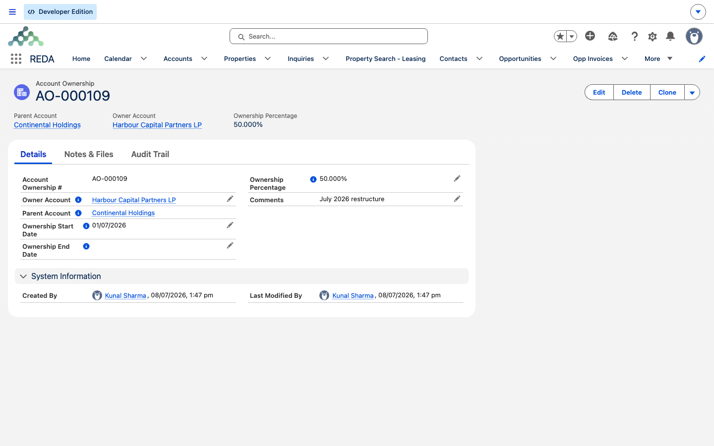 An Account Ownership record: Parent Account Continental Holdings, Owner Account Harbour Capital Partners LP, 50% share, with an ownership start date and blank end date.
