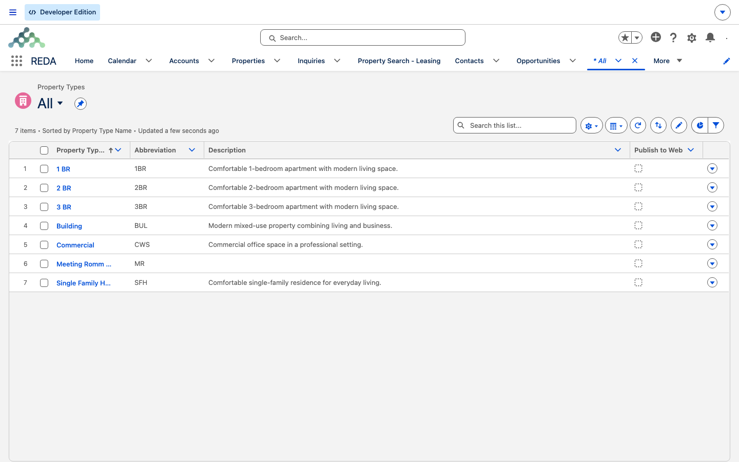 The Property Types list view showing type abbreviations 1BR, 2BR, 3BR, BUL, CWS, and SFH alongside their descriptions