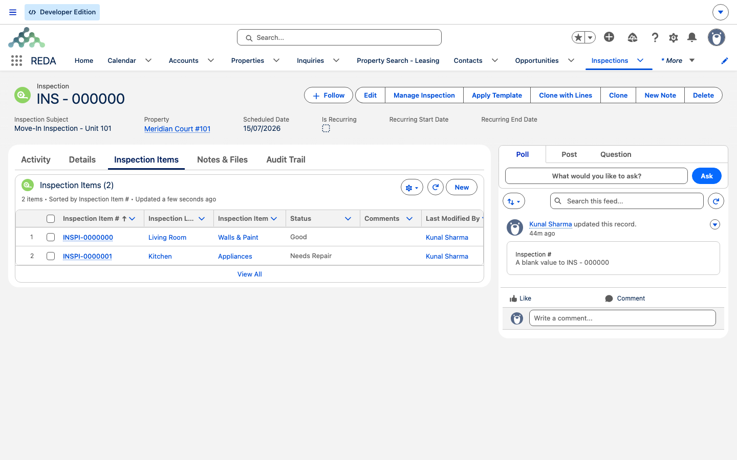 An inspection's Inspection Items tab listing each checklist item with its location, item, and recorded status