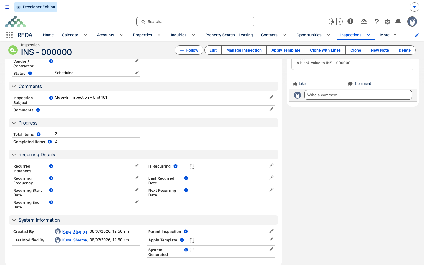 An inspection record showing its status, subject, and the Total and Completed Items counters