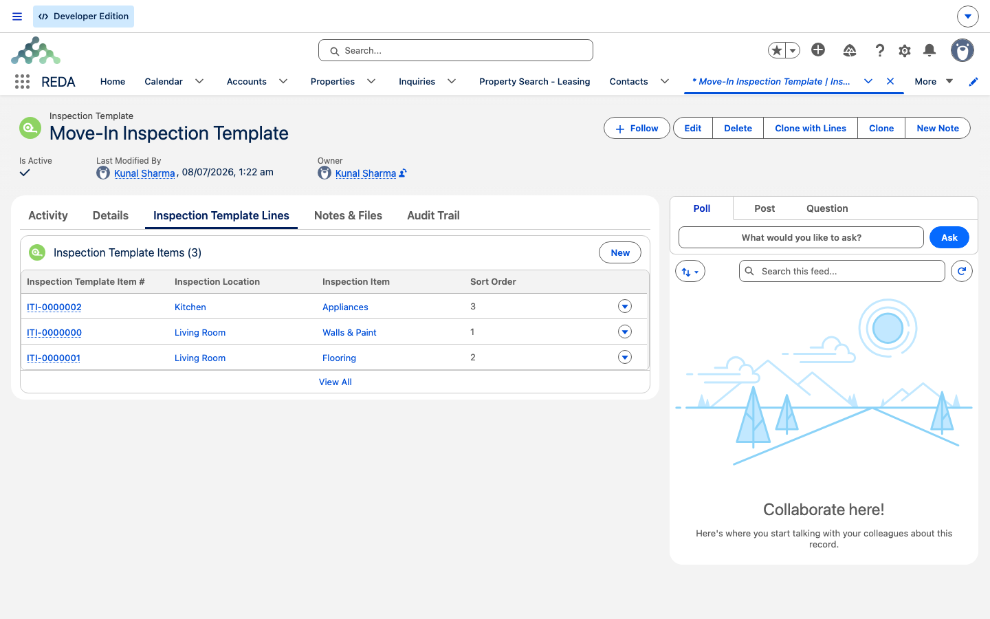 An inspection template's Inspection Template Lines tab listing its items with location, item, and sort order