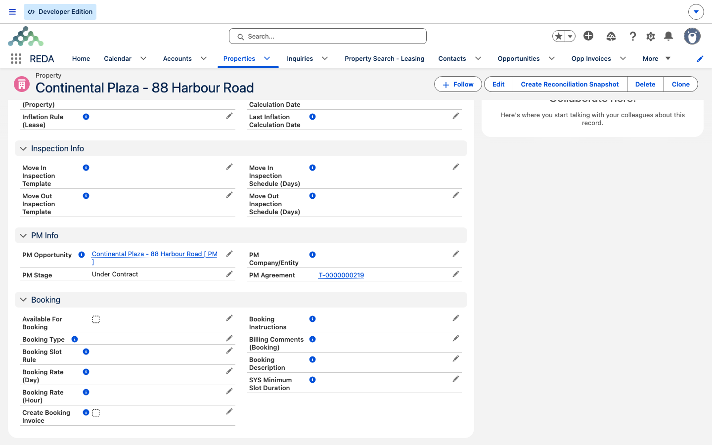 A managed property's PM Info section showing the PM Agreement stamped after the agreement closed