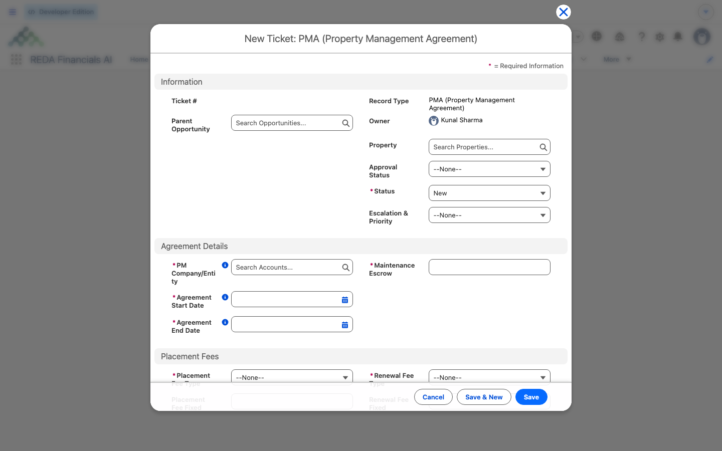 The New Ticket dialog for the PMA (Property Management Agreement) record type, showing the Agreement Details fields.