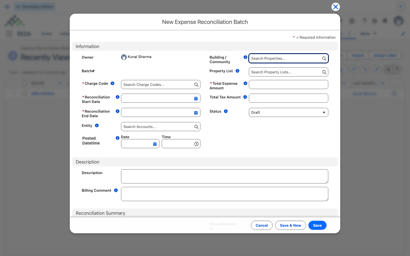 The New Expense Reconciliation Batch form, showing the scope, pool, and period inputs before calculation.