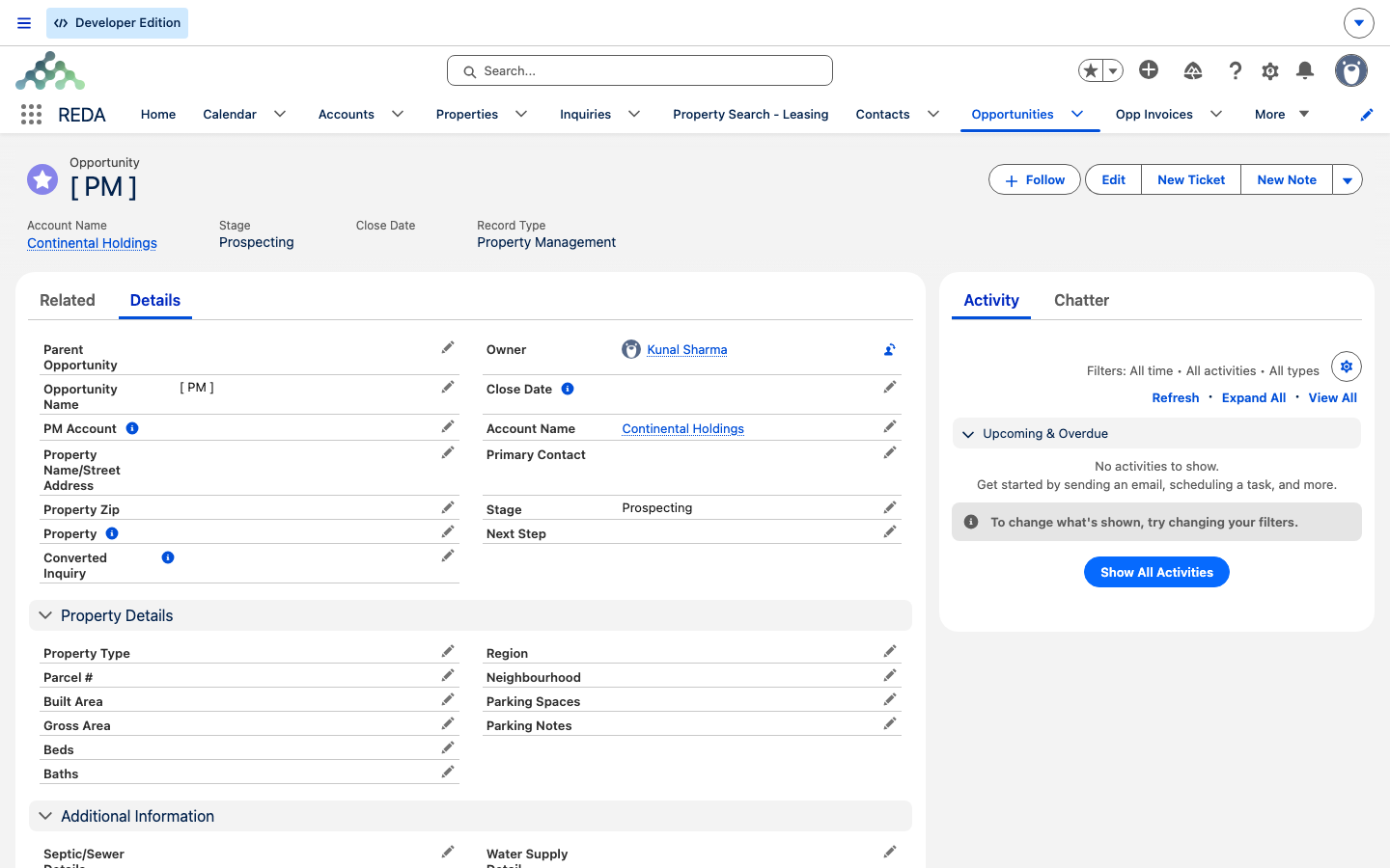 A Property Management deal Opportunity record with the highlights panel showing Stage and Record Type