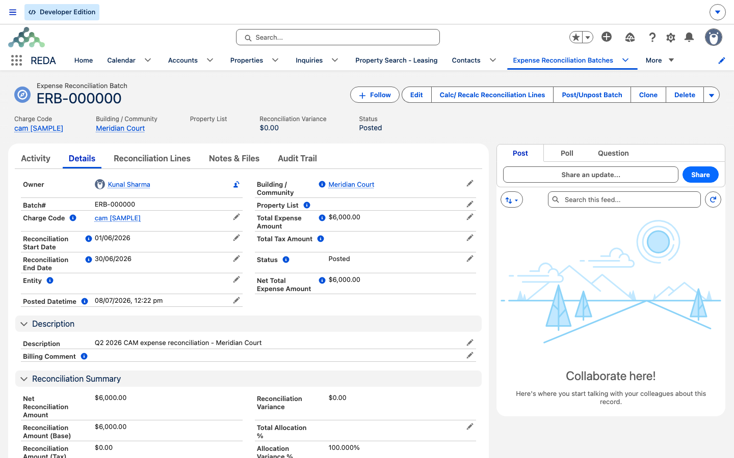 An Expense Reconciliation Batch header with the Post/Unpost Batch action, Status Posted, and Posted Datetime