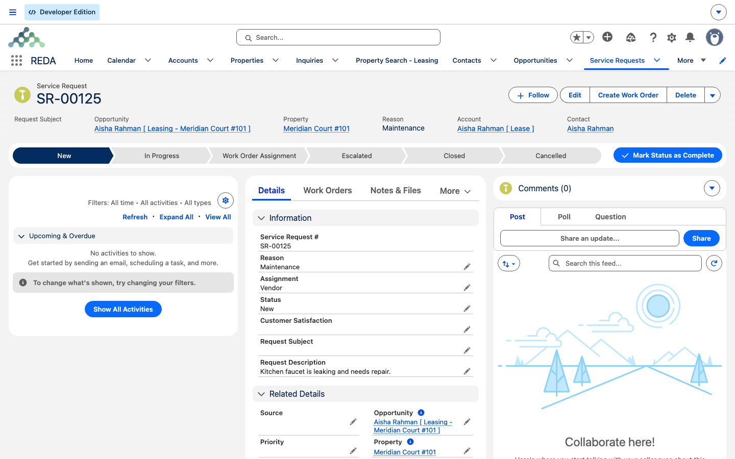 A Service Request record with the lease chosen and Account, Contact, and Property filled in from it