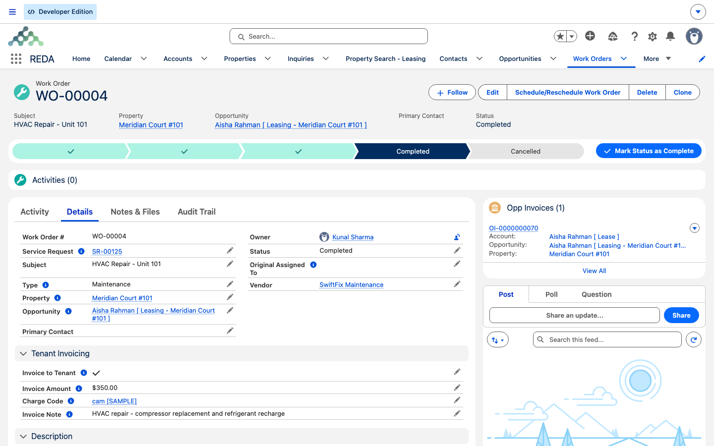 A work order's Tenant Invoicing block with Invoice to Tenant checked and the billing trio filled