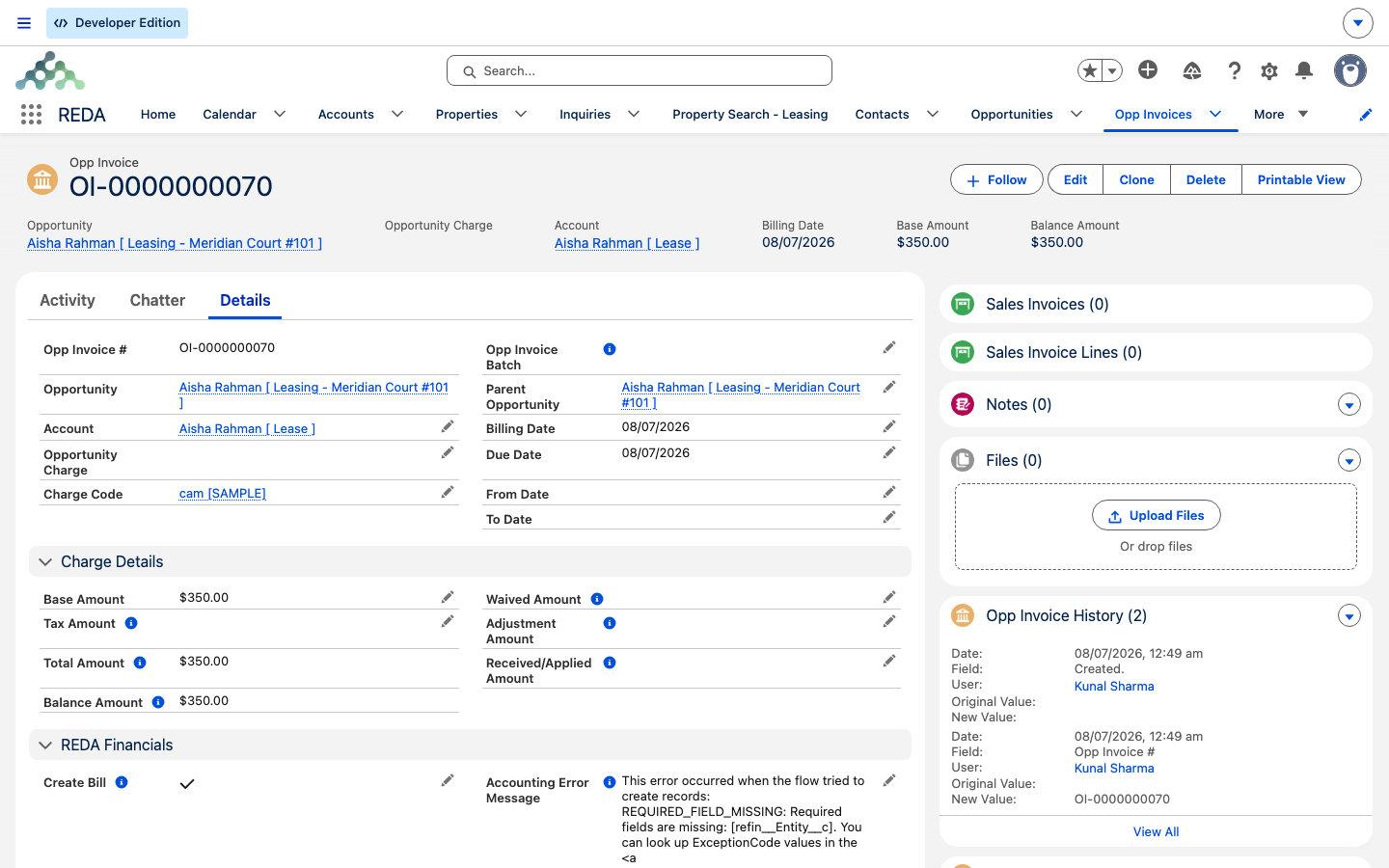 The generated Opp Invoice showing its amount, dates, charge code, and linked lease