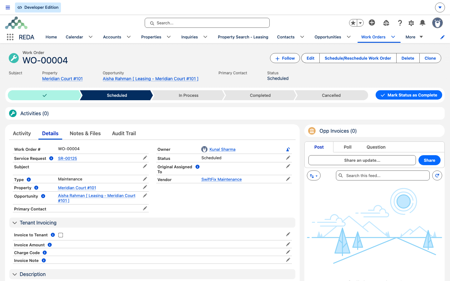 A Work Order record with Status Scheduled, linked to its Service Request, property, lease, and vendor