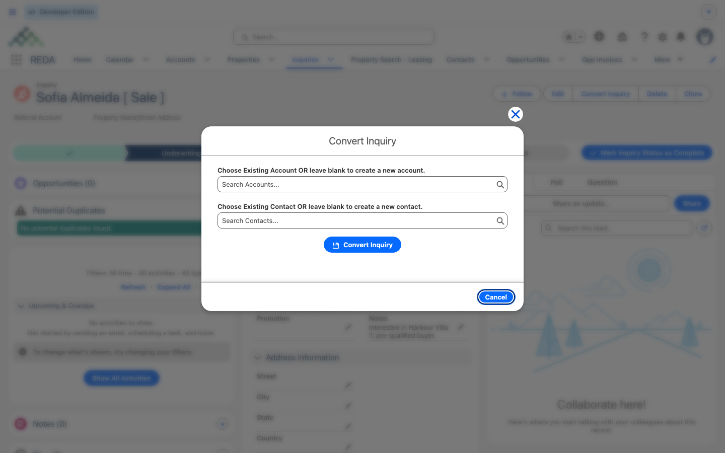 The Convert Inquiry dialog on a sales inquiry, with the two optional account and contact pickers.