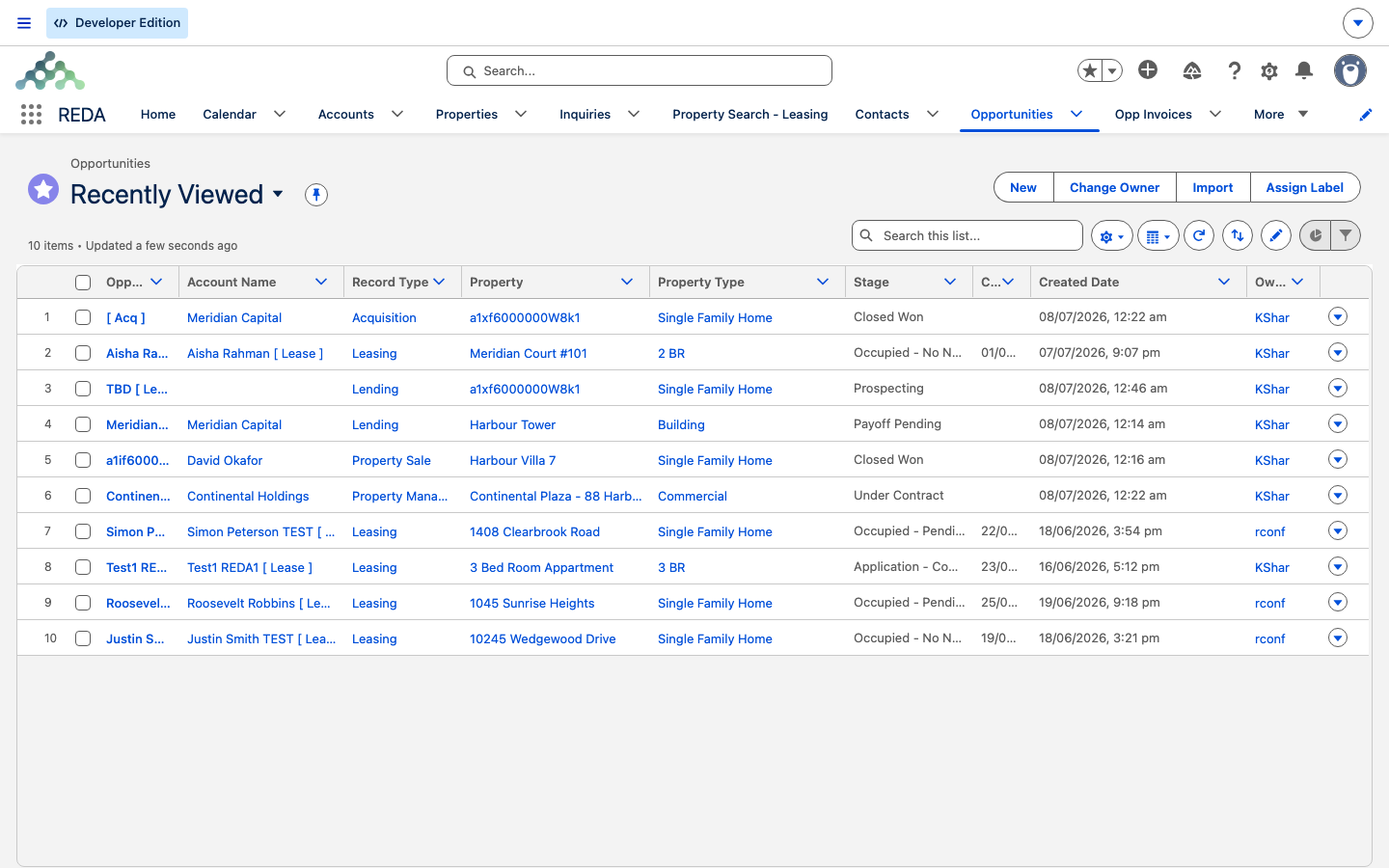 The Opportunities tab list showing the Property Sale deal alongside other deal types, with the Record Type and Stage columns