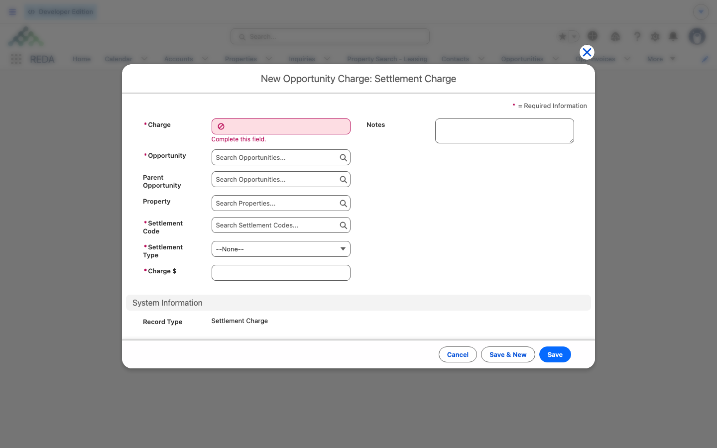 El formulario New Cargo de la oportunidad: Settlement Charge, con la búsqueda Settlement Code y el selector Settlement Type.