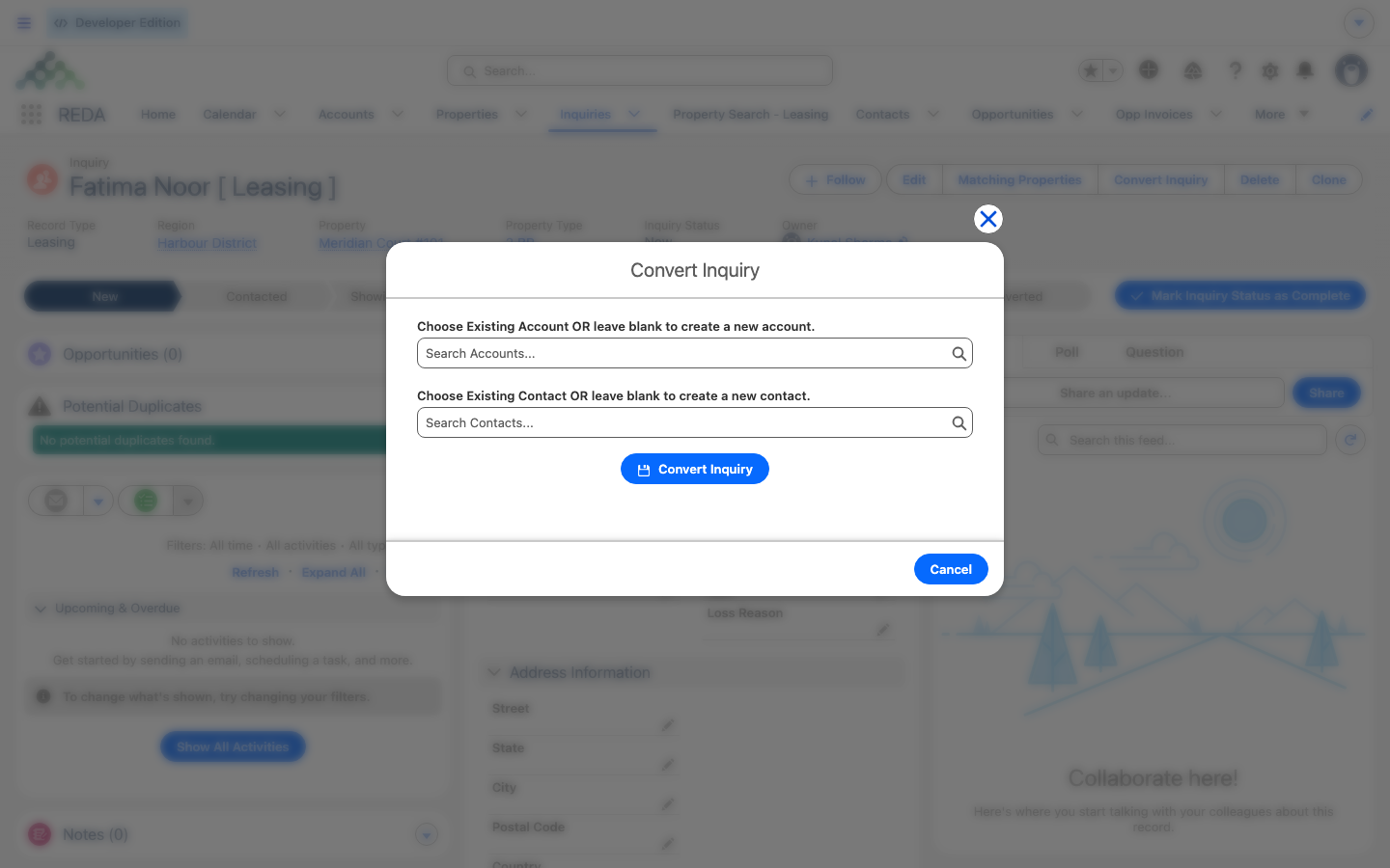 The Convert Inquiry dialog with the account and contact pickers and helper text