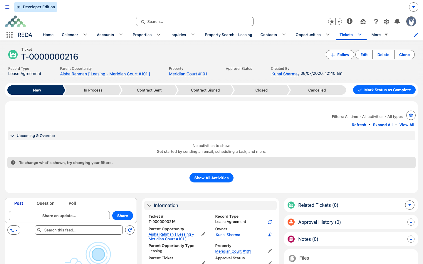 O registro de um chamado Lease Agreement com o seu Path de status